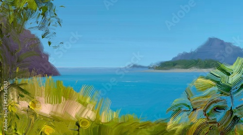 Fototapeta Ocean view. Wide brush painting. Hot summer. Tropical island. Digital art. Pacific atoll. 2d illustration. Blue water.