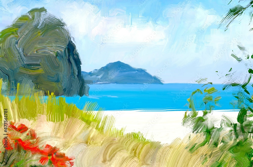 Ocean view. Wide brush painting. Hot summer. Tropical island. Digital art. Pacific atoll. 2d illustration. Blue water. - obrazy, fototapety, plakaty 