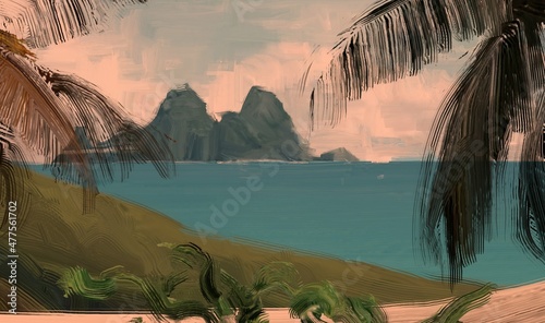 Fototapeta Ocean view. Wide brush painting. Hot summer. Tropical island. Digital art. Pacific atoll. 2d illustration. Blue water.