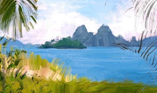 Fototapeta Ocean view. Wide brush painting. Hot summer. Tropical island. Digital art. Pacific atoll. 2d illustration. Blue water.