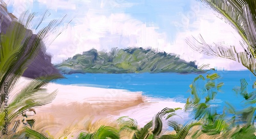 Ocean view. Wide brush painting. Hot summer. Tropical island. Digital art. Pacific atoll. 2d illustration. Blue water.