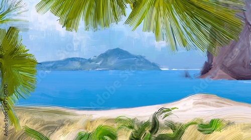 Ocean view. Wide brush painting. Hot summer. Tropical island. Digital art. Pacific atoll. 2d illustration. Blue water.