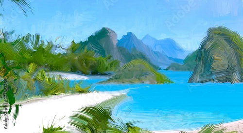 Fototapeta Ocean view. Wide brush painting. Hot summer. Tropical island. Digital art. Pacific atoll. 2d illustration. Blue water.