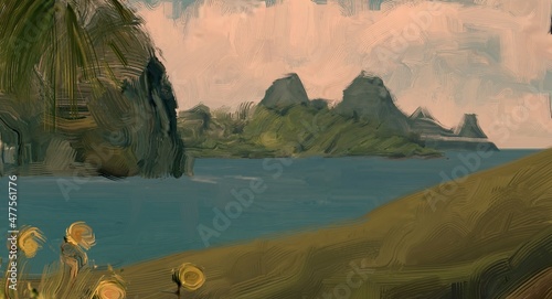 Fototapeta Ocean view. Wide brush painting. Hot summer. Tropical island. Digital art. Pacific atoll. 2d illustration. Blue water.