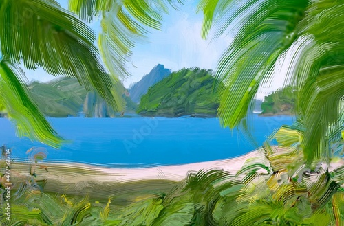 Ocean view. Wide brush painting. Hot summer. Tropical island. Digital art. Pacific atoll. 2d illustration. Blue water.