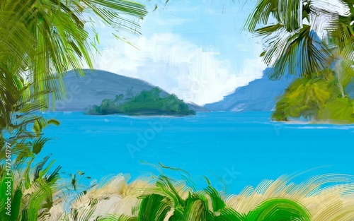 Ocean view. Wide brush painting. Hot summer. Tropical island. Digital art. Pacific atoll. 2d illustration. Blue water.