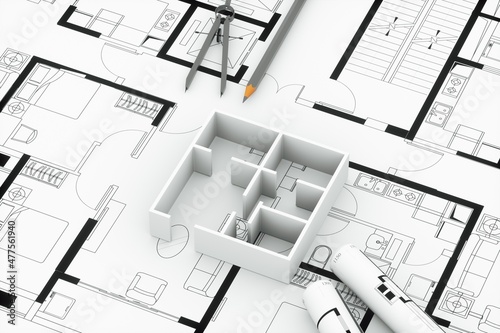 Building project architecture blueprint plans and house model Fotobehang