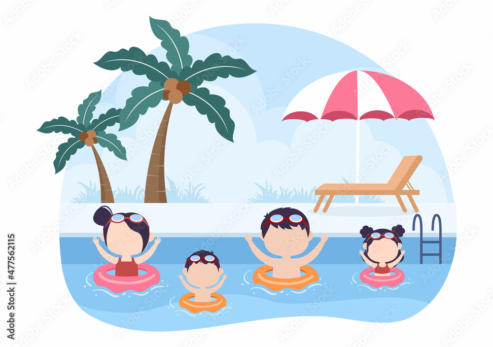 Family Time of Joyful Parents and Children Spending Time Together at Beach Doing Various Relaxing Activities in Cartoon Flat Illustration for Poster or Background