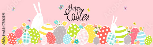 Easter banner with eggs and rabbits in flat style. Spring holiday poster with inscription. For decoration of the hat of the website and printing house.