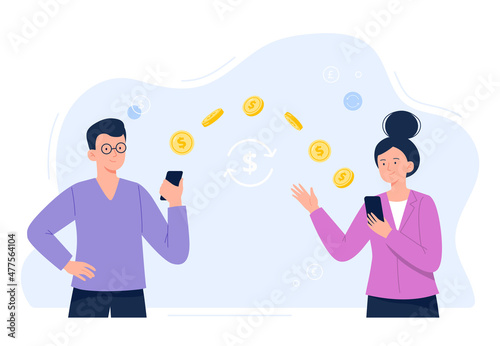Woman send money from smartphone to male colleague or coworker. People make contactless cash or currency transactions on the internet. Easy banking and payment concept. Vector flat illustration.