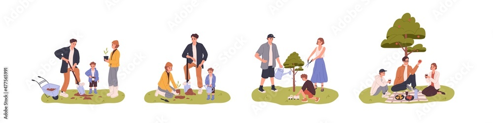 Growth in progress. Family with kid planting seedling to grow fruit tree. Life cycle and development stages concept. Parents and child care about sapling. Flat vector illustrations isolated on white Growth in progress. Family with kid planting seedling to grow fruit tree. Life cycle and development stages concept. Parents and child care about sapling. Flat vector illustrations isolated on white