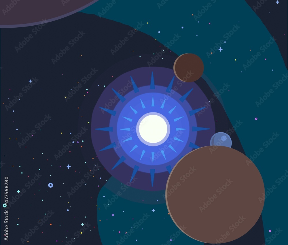 Fototapeta premium Vast, cold space. Cartoon style distant galaxies digital art. Interstellar Nebulae. Interplanetary space. Mysterious universe. Deep cosmos. Science fiction background with planets and moons.