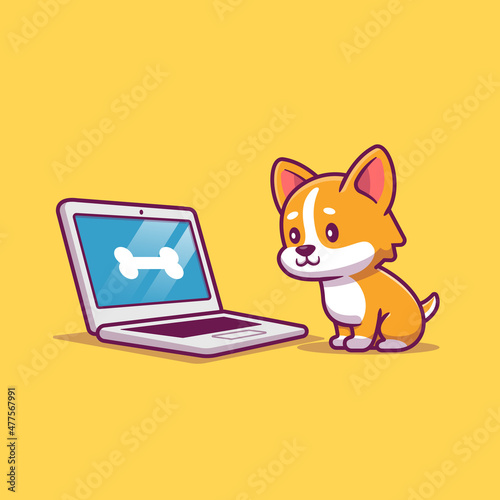 Cute Dog With Laptop Cartoon Vector Icon Illustration. Animal Technology Icon Concept Isolated Premium Vector. Flat Cartoon Style