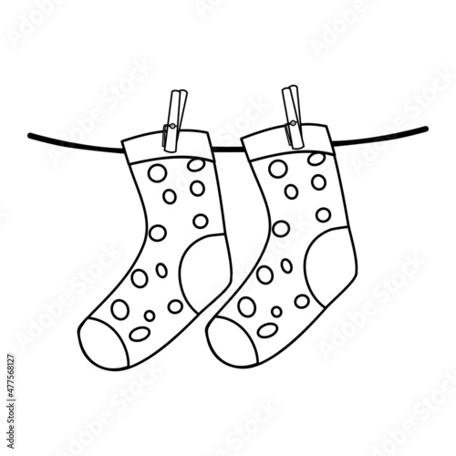 Socks on clothespin icon isolated on white background. Socks hanging on clothesline. Socks hang on rope.Simple line laundry drying sign, contour symbol.Washed garment concept.Stock vector illustration