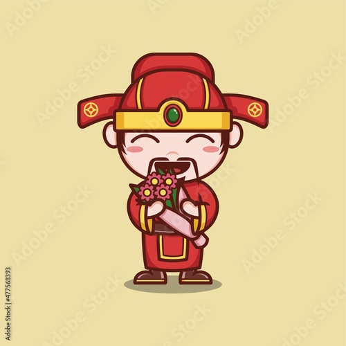cute cartoon caishen god in chinese new year, carrying a bouquet of flowers. vector illustration for mascot logo or sticker