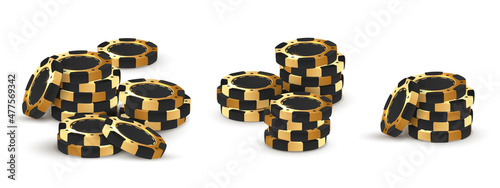 Set of three stacks of golden with black poker chips  tokens on white background. Vector illustration for casino  game design  flyer  poster  banner  web  advertising.