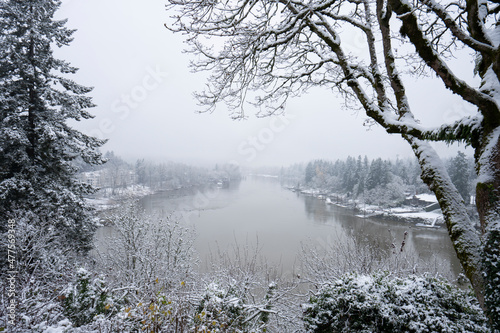 Willamette River viewed from Lake Oswego, Oregon, on a cold winter morning after snowfall.