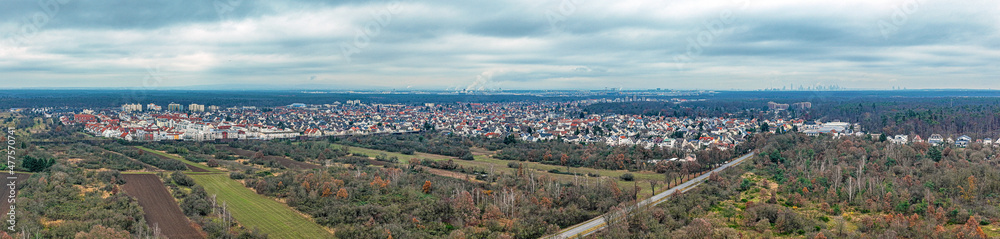 Drone panorama over Walldorf in Hesse with Frankfurt skyline and Frankfurt airport