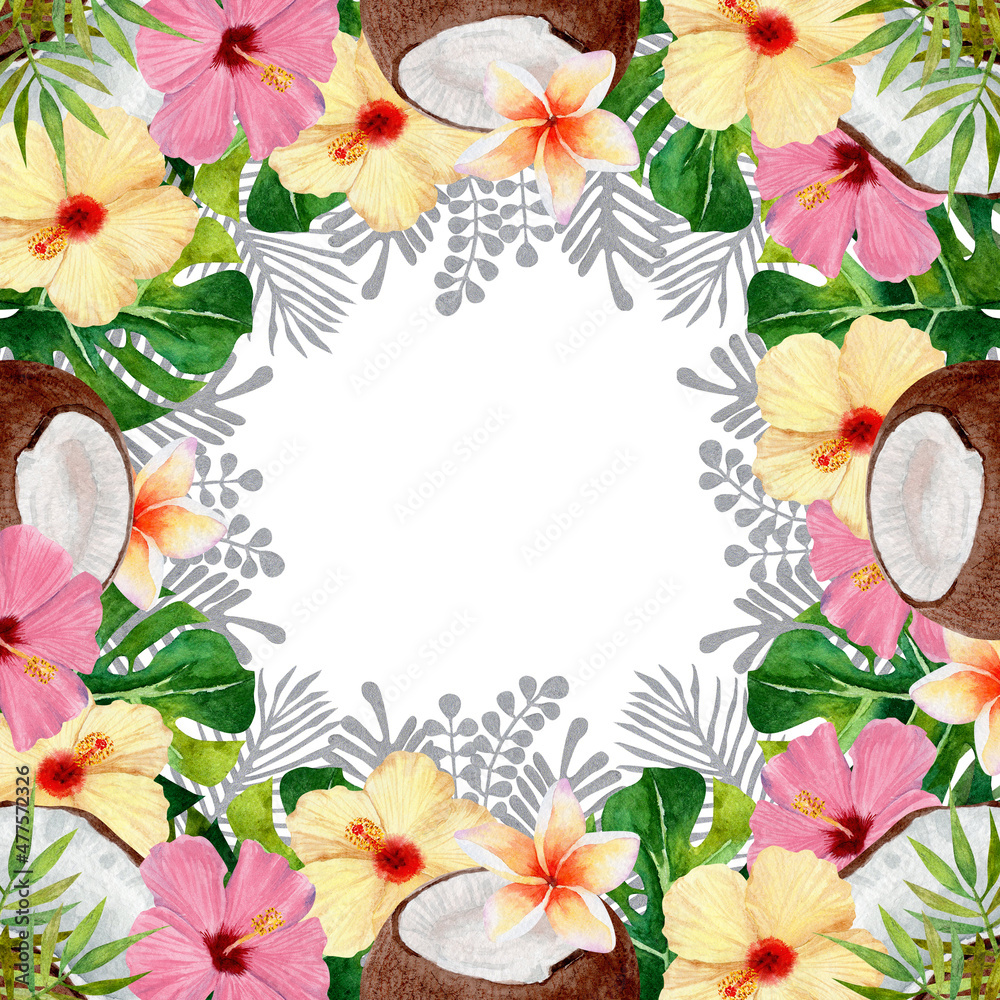 Watercolor frame of tropical leaves and fruits on isolated white background Watercolor frame of tropical leaves and fruits on isolated white background