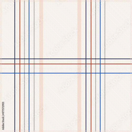 Check plaid background in beige color with blue, red and pink stripes. Fashion seamless pattern