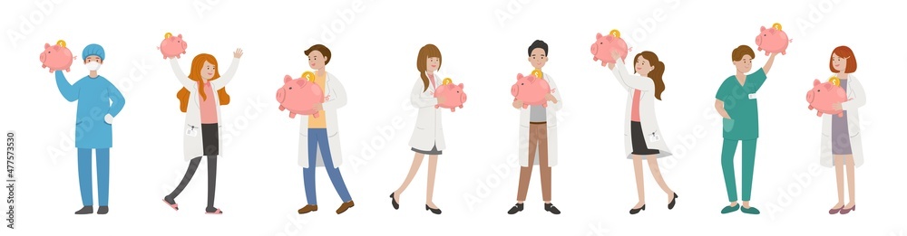 8 paramedics man or woman doctor group, medical worker with piggy bank, cartoon comic vector 8 paramedics man or woman doctor group, medical worker with piggy bank, cartoon comic vector