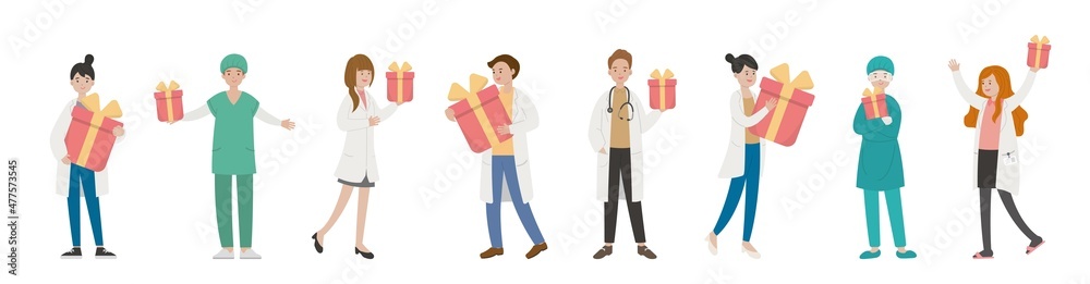 8 paramedics man or woman doctor combination, medical worker with gift, cartoon comic vector
