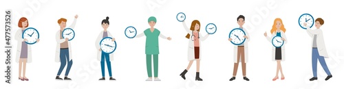 8 paramedics man or woman doctor combination, medical worker with time and clock, cartoon comic vector