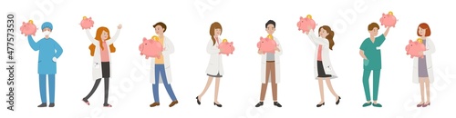 8 paramedics man or woman doctor group, medical worker with piggy bank, cartoon comic vector