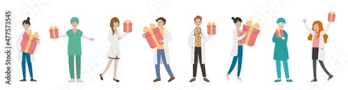 8 paramedics man or woman doctor combination, medical worker with gift, cartoon comic vector
