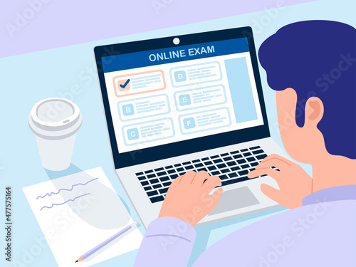 Illustration of a man taking online college exam at home. Vector