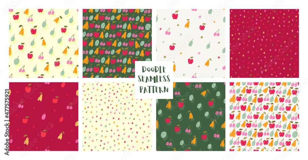 Сollection of 8 doodle patterns. Seamless vector texture with fruit and berries, dots. Patterns for fabric, wallpaper, background
