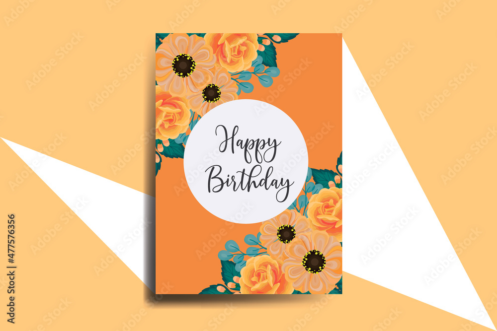 Greeting card birthday card Digital watercolor hand drawn Orange Zinnia With Rose Flower Design Template