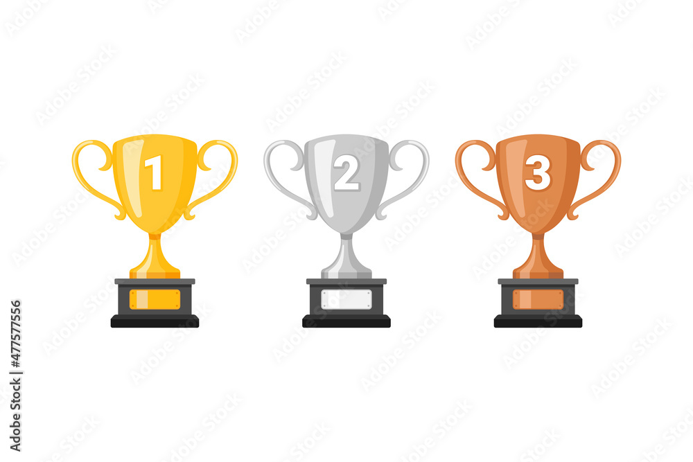 Gold silver bronze trophy cups. Game winner prize cups, goblet prize icons vector illustration. Gold silver bronze trophy cups. Game winner prize cups, goblet prize icons vector illustration.
