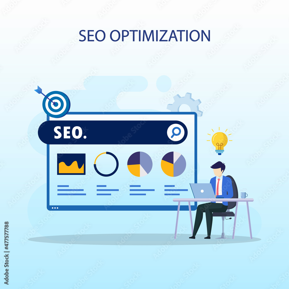 SEO optimization concept, website development, entrepreneur, business web, data analyst, illustration with icons and character. Flat vector template style Suitable for Web Landing Pages.