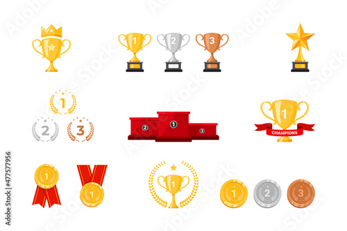set of winner award and achievement elements. Trophy cup, stage podium, and medals design.