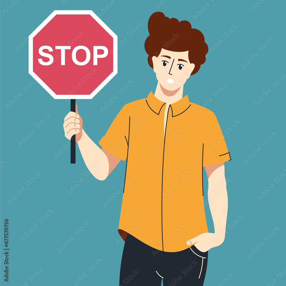 The guy is holding a sign Stop. Concept. Vector image. The guy is holding a sign Stop. Concept. Vector image.