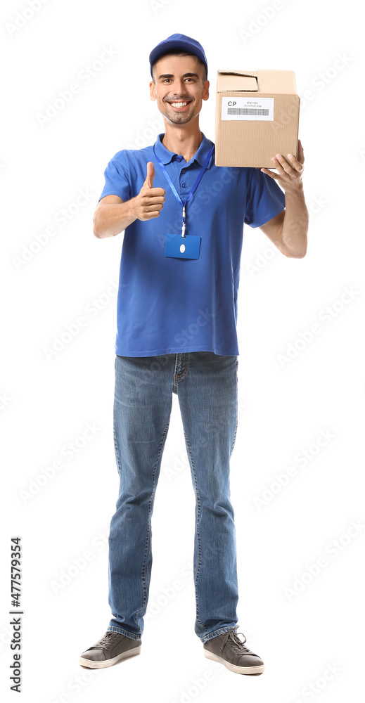 Male courier with parcel showing thumb-up on white background Male courier with parcel showing thumb-up on white background