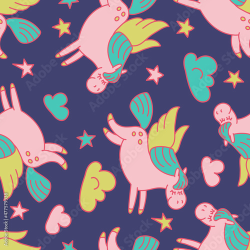 Cute flying horses in night sky. Pegas seamless vector pattern