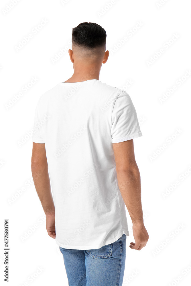 Handsome young man in stylish t-shirt isolated on white, back view Handsome young man in stylish t-shirt isolated on white, back view