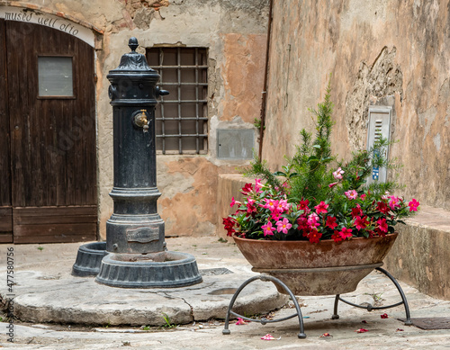 Drinking fountain with flower box in a medieval town photo