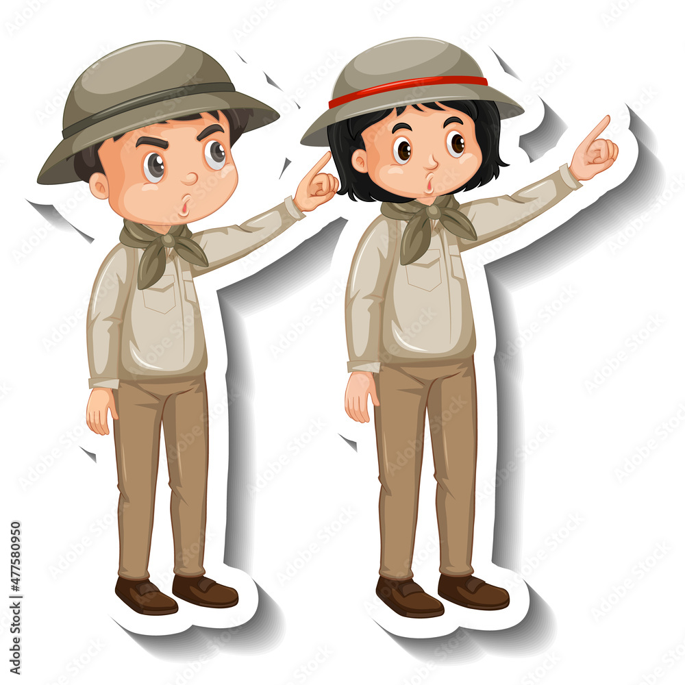 Couple kids wear safari outfit cartoon character sticker Couple kids wear safari outfit cartoon character sticker