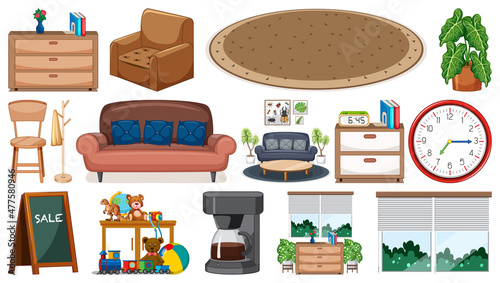 Set of interior furniture and decorations