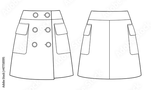 Fashion technical drawing of mini skirt with pockets and buttons