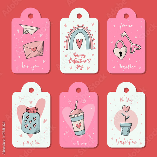 set of Valentines day tags and labels decorated with lettering quotes and doodles. Good for prints, cards, stickers, prints, giftware, etc. EPS 10