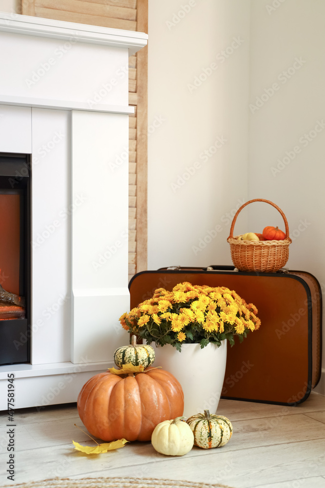 Fototapeta premium Vase with flowers, pumpkins and fallen leaves near fireplace in light room