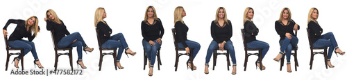 Side and front view of same woman with jeans and heeled shoes sitting on chair on white background