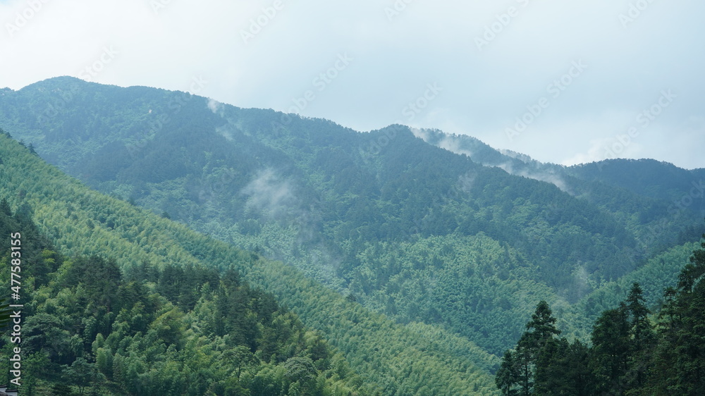 The beautiful mountains landscapes with the green forest and little village as background in the countryside of the China