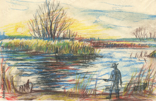 Fototapeta Naklejka Na Ścianę i Meble -  autumn landscape with a fisherman sketch_1