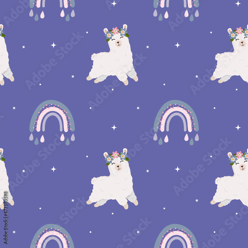 Seamless pattern for kid with cute alpaca (llama) and rainbow. Baby background for t-shirt print, packaging, wrapping paper, etc. Vector animal background
