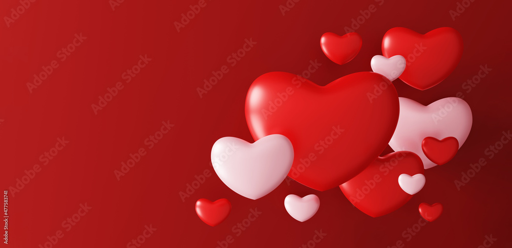 happy valentine's day background. decorative festive object, heart shaped and love word text balloons, greeting card. holiday banner design. 3D illustration